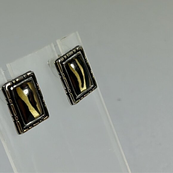 Faux Tigers Eye Silver Tone Border Rectangular Earrings .5" No Backs Classic - Picture 2 of 8
